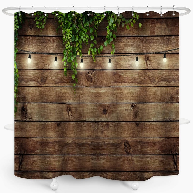 ZXMBF Rustic Wooden Board Shower Curtain Green Leaves on Vintage Wood Country Life Theme Grunge Planks Barn House Door Waterproof Fabric Bathroom Decor 72x72 Inch Plastic Hooks 12PCS Wood Board - Image 3